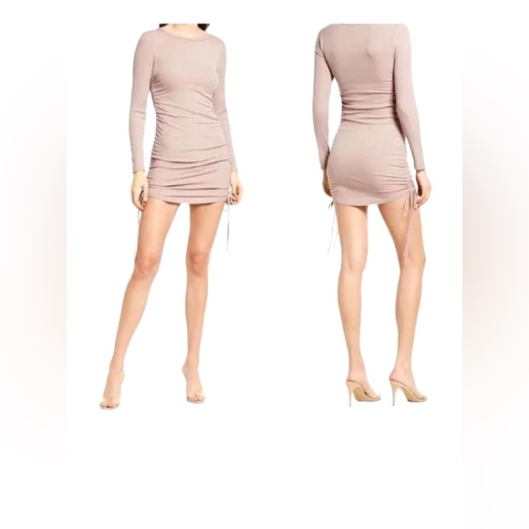 NWT MELROSE AND MARKET Side Ruched Long Sleeve Dress In Tan Burro M - Picture 1 of 6